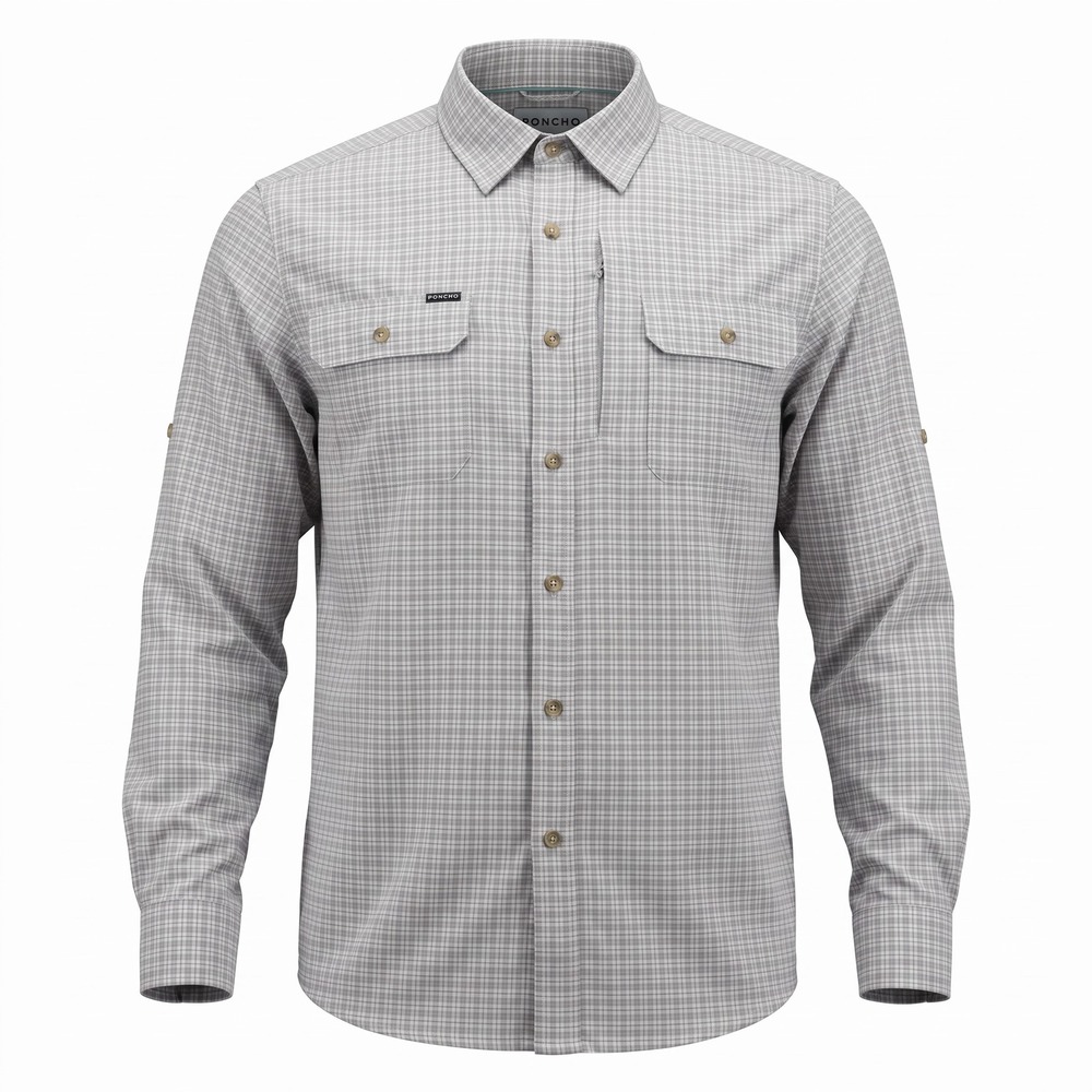 Poncho Outdoors Slim Fit Long Sleeve Fishing Shirt Grey Blue Plaid Mens Medium
